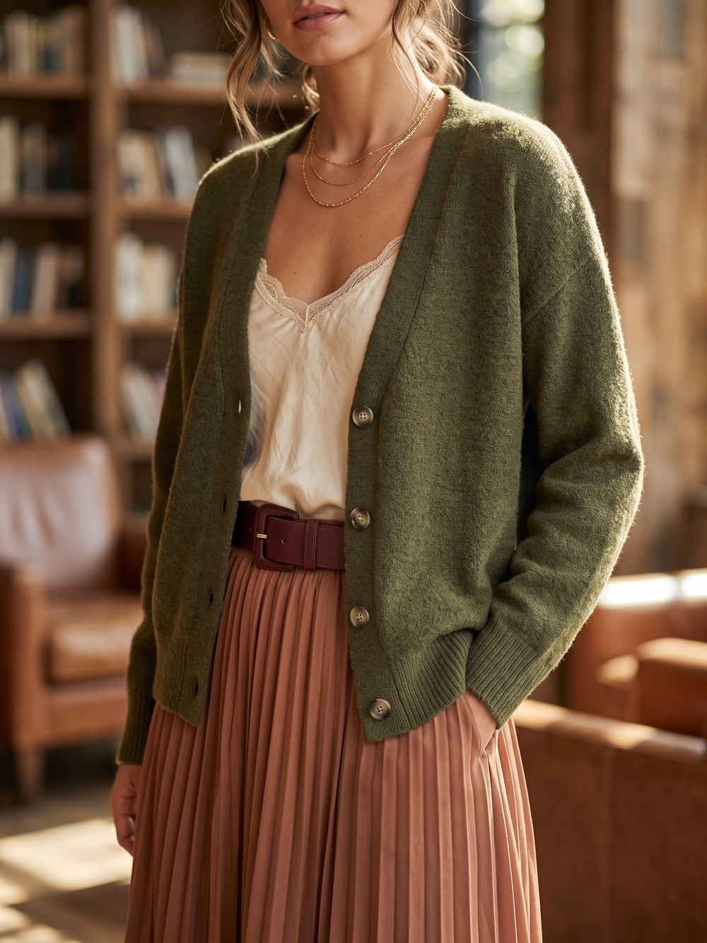 Monk & Lou Olive Green Knit Cardigan Grandpa Chic Cabincore Quiet Luxury